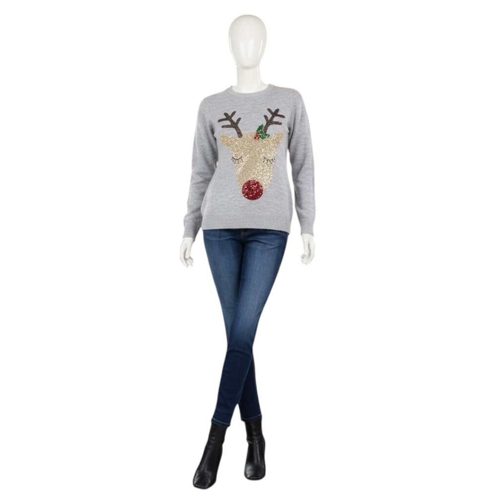 TRES CHIC Festive Gray crew neck Sweater with Gold Reindeer Design S M L XL